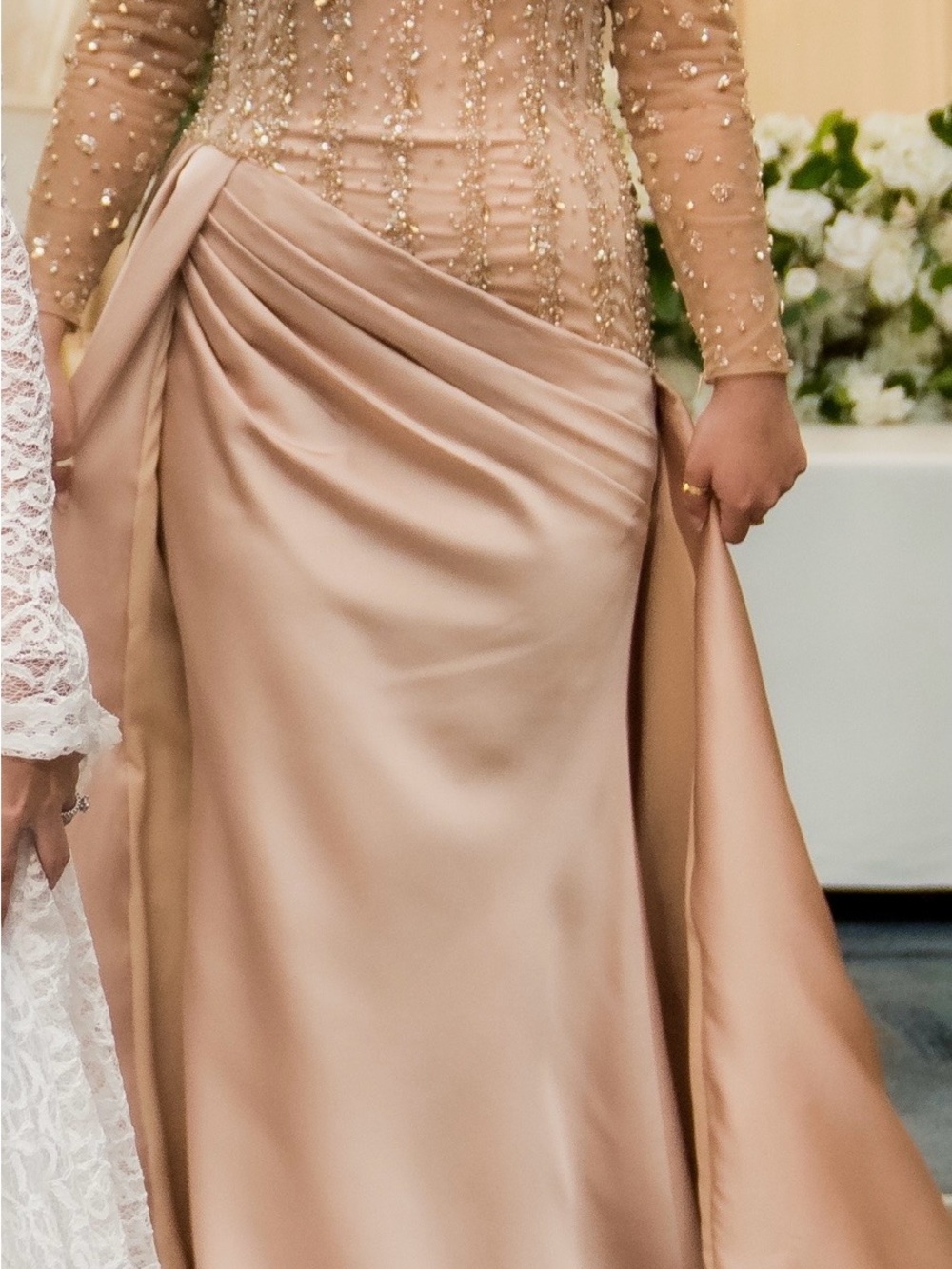 Ahmed Essa custom Elegant Champagne Satin Evening Dress with Beaded Bodice